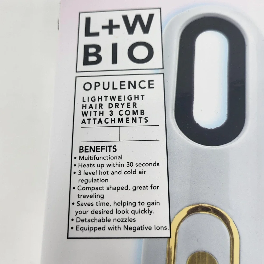 L+W BIO Opulence Lightweight Hair Dryer 3 Comb Attachments‎